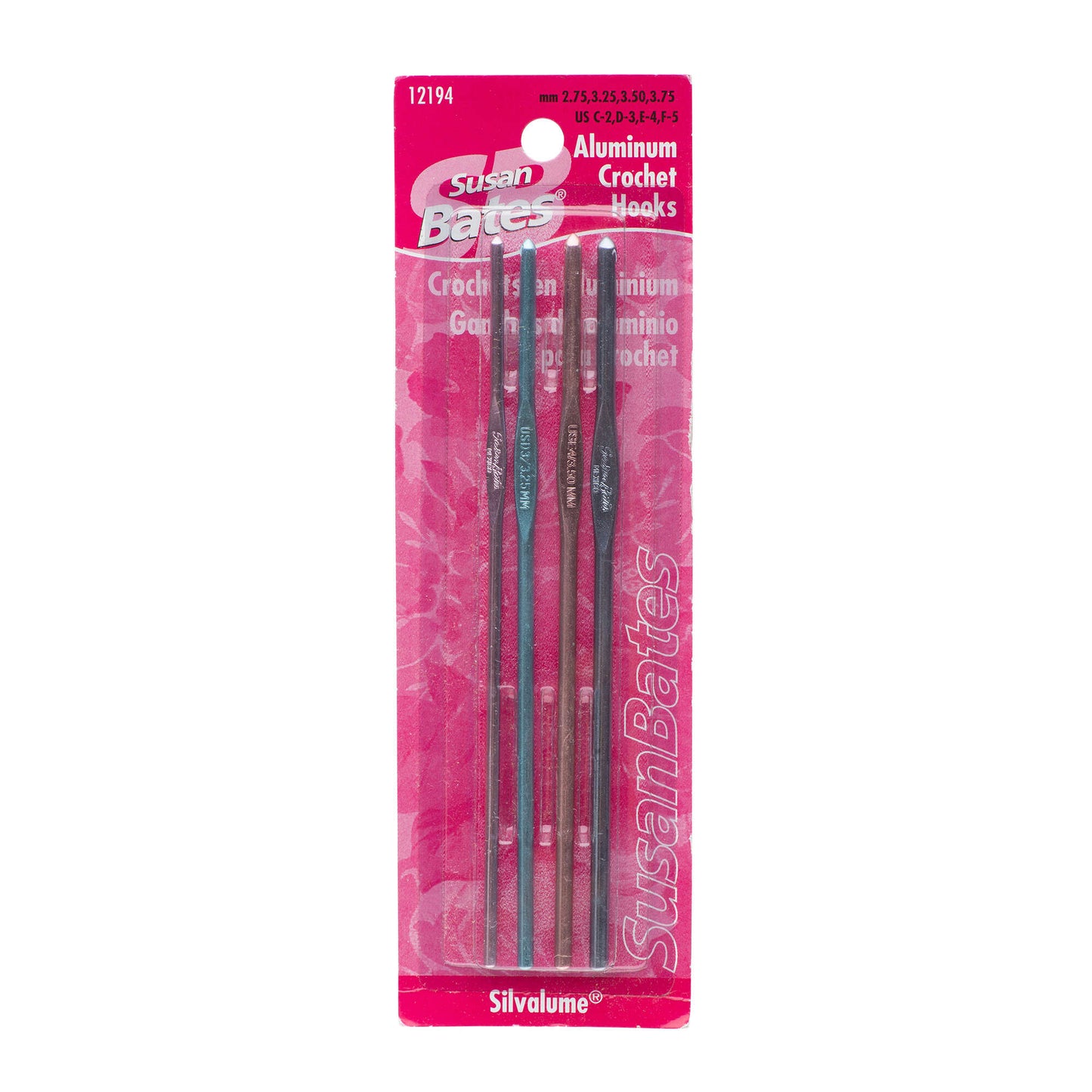 Susan Bates Silvalume Set of 4 Crochet Hooks, U.S. C/2, D/3, E/4, F/5